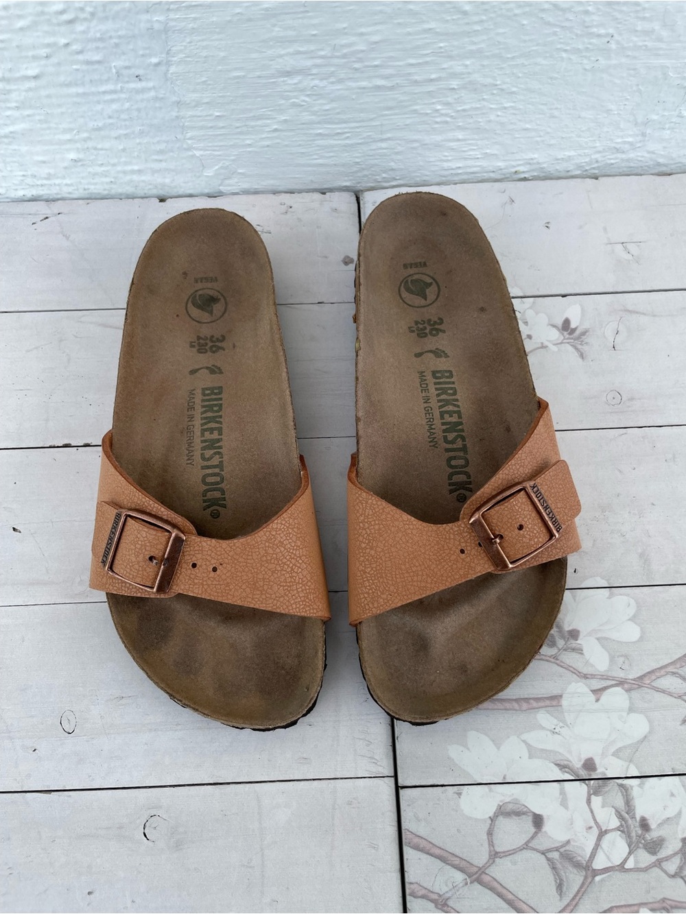 Birkenstock Women’s Leather Single-Band Slide Sandals in Cognac